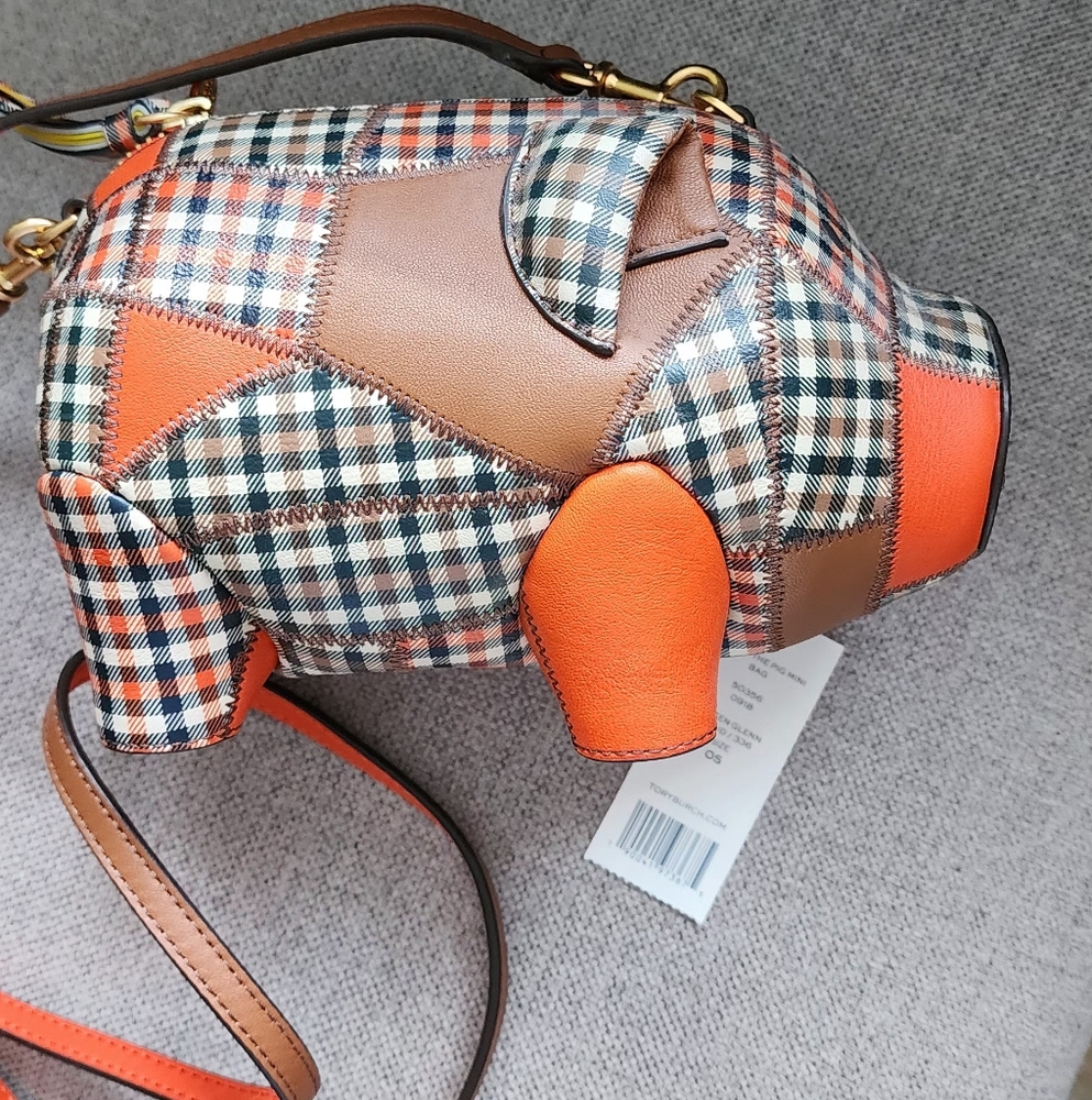 Tory Burch Plaid Pig Crossbody Bag in Orange and Brown